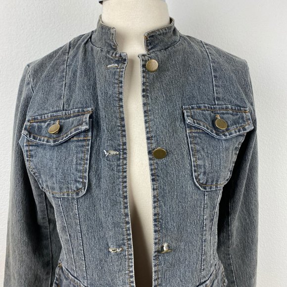 She's Cool Fitted Denim Jacket Pockets Mandarin Collar Button Front Dark Wash SM - Picture 2 of 11
